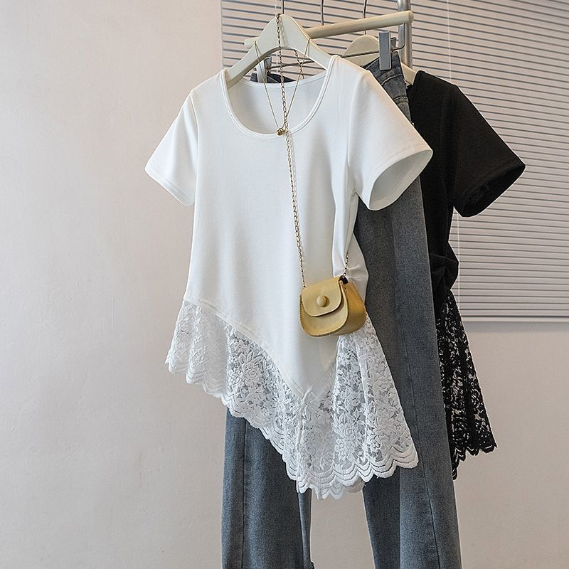 Women Round Neck Asymmetrical Lace Spliced Short Sleeve Casual Top s
