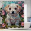 Beautiful Flower Dog Bathing Shower Curtain Waterproof Home Decor Polyester Print For Bathroom Decoration Pink Flowers Puppies P