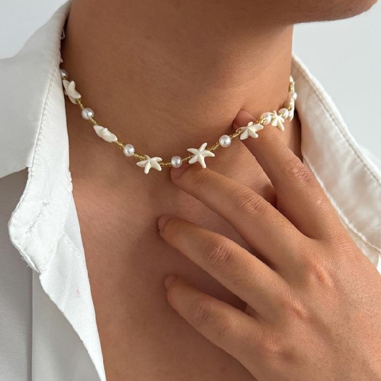 Fashionable Starfish Necklace With Delicate Pearls Beaded Neckchain Suitable For Beach Parties Or City Outings