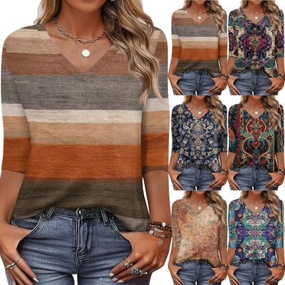 Damen T-Shirt Print 3/4 Ärmel Alltag Wochenendmode Basic V-Ausschnitt Normales Oberteil