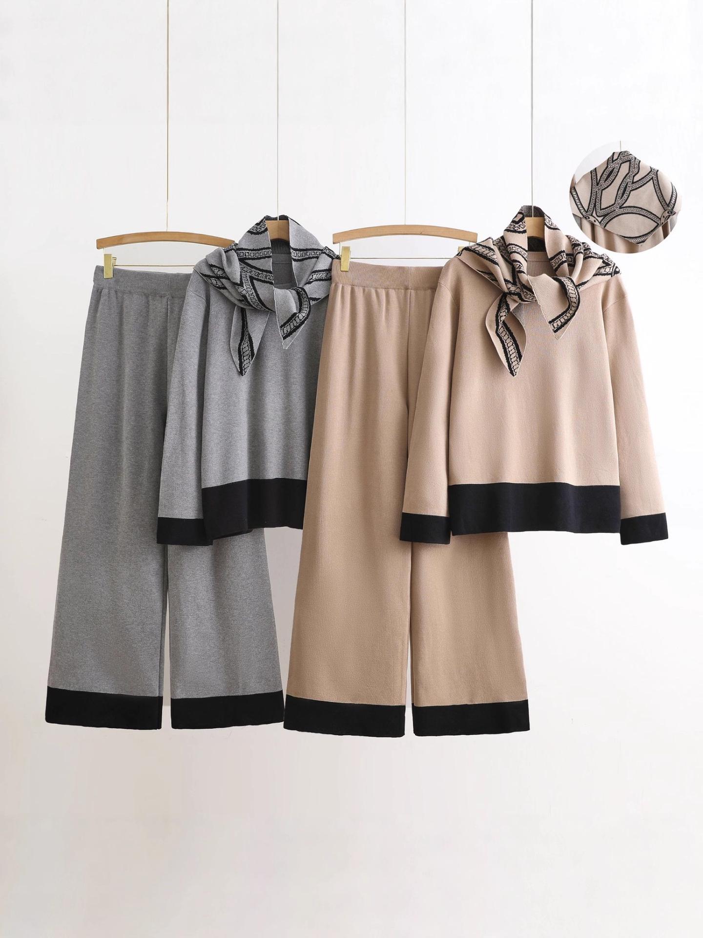 

Autumn Women s Retro Color Block Knit Top, Wide Leg Pants & Scarf Set. One Size верблюд