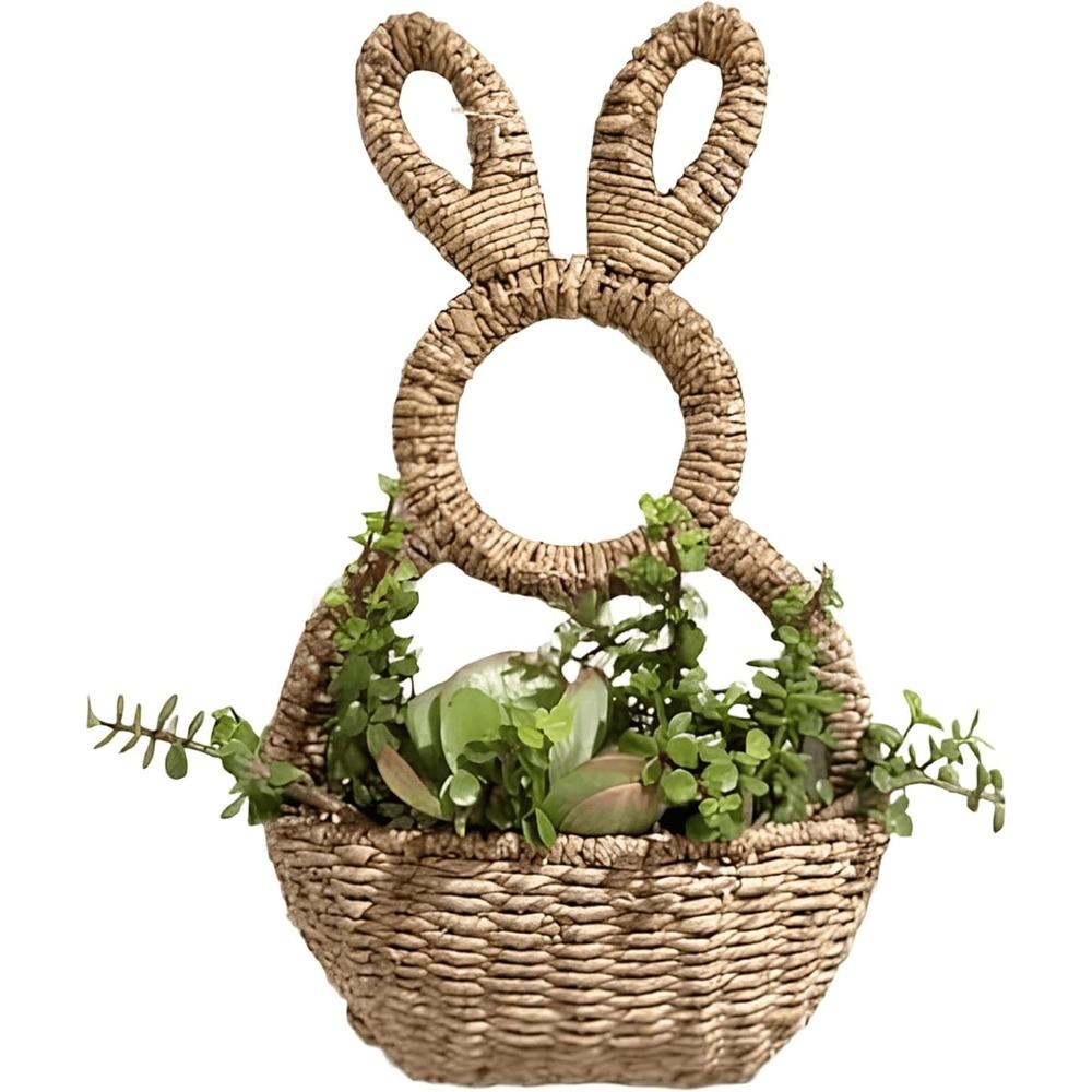 Bunny Basket Hanging Wall Pocket Spring Decor - Hand Woven Wicker Easter Basket - Bunny Hanging Ornament