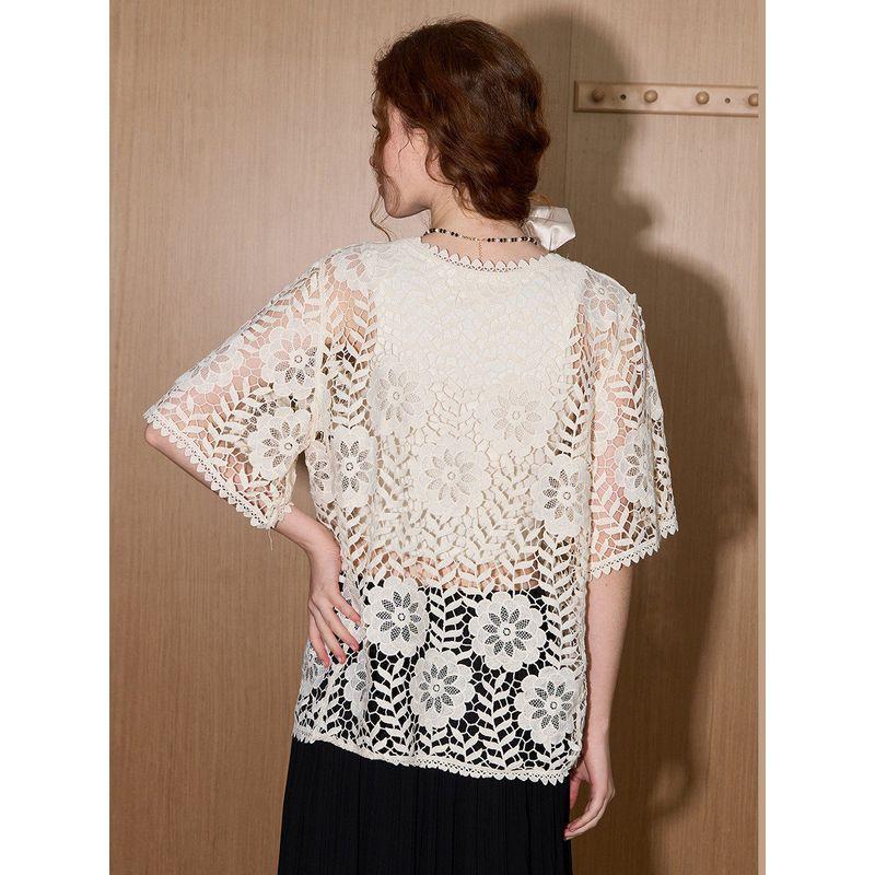 Coolhut Palace-Style Crochet Retro Hollow-Out Blouse Lace 2025 Summer Women's Knitted Short-Sleeve Layered Top