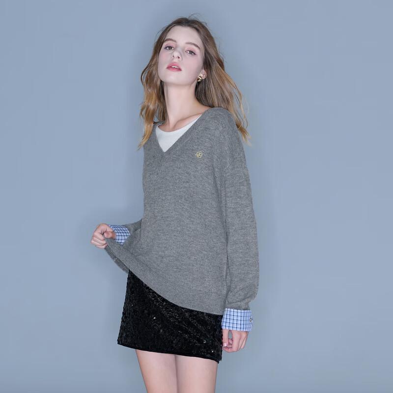 Sancai 2025 Winter Faux Two-Piece V-Neck Knit Sweater