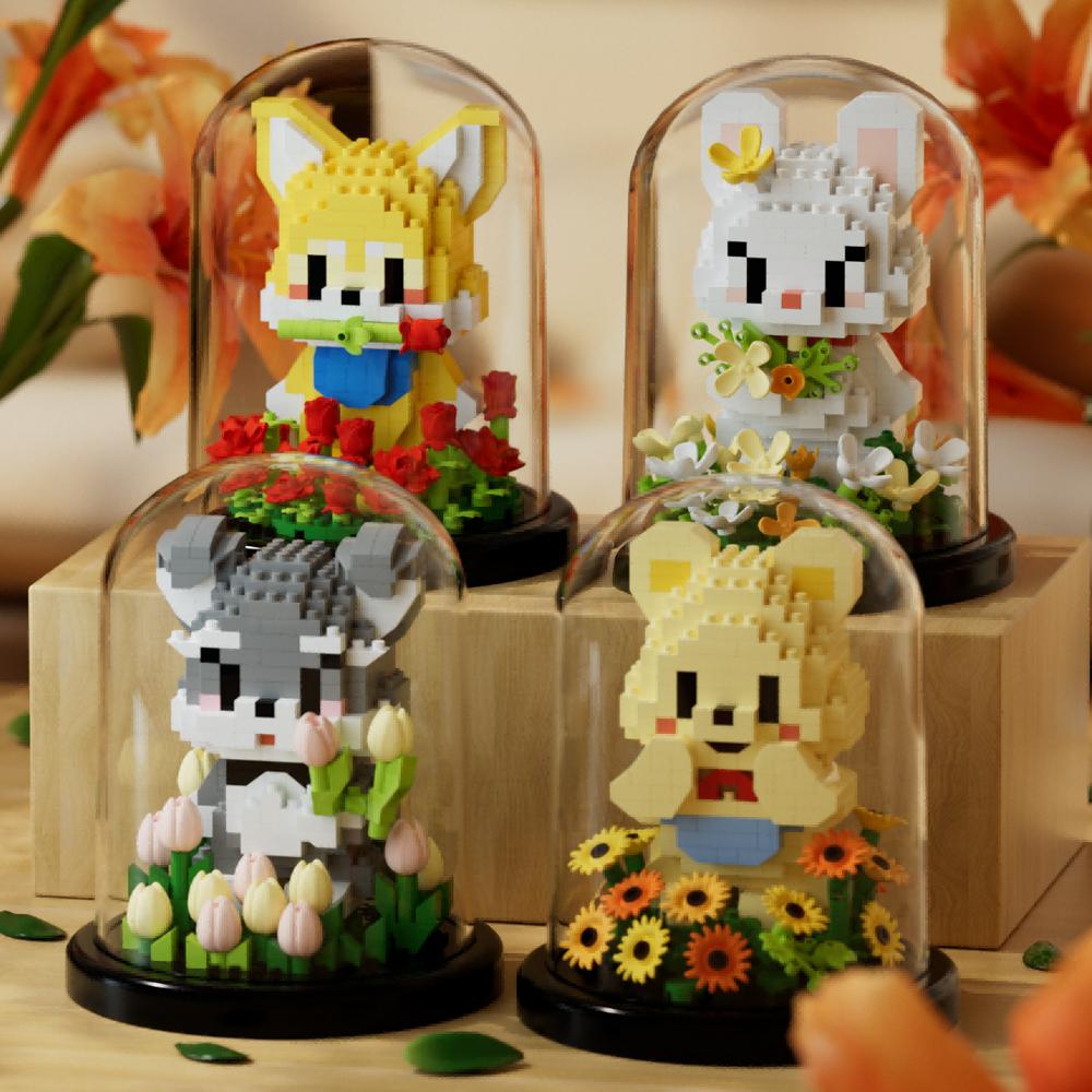 Flower Bouquet Building Blocks Animal Set Dust Cover Bonsai Cute Animal Bear Bunny Dog Model Kids Romantic Gift for Girls
