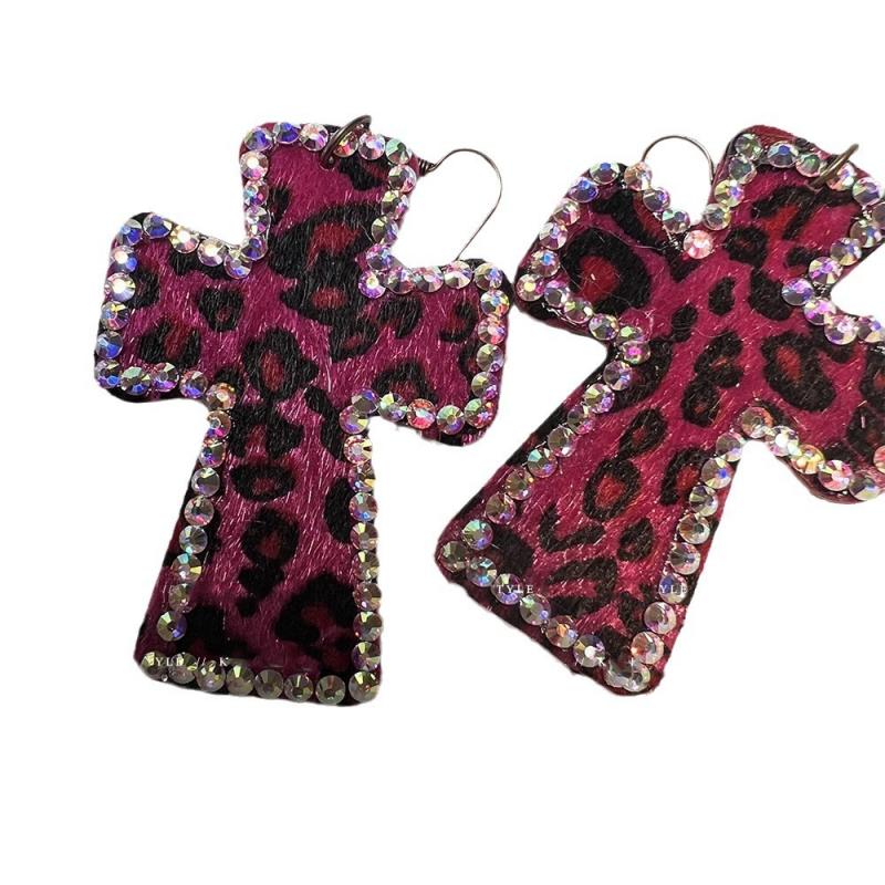 Exaggerated Shiny Crystal Leopard Print Cross Earrings for Women Gorl Sexy Charm Earring Vintage Goth Y2K Jewelry Accessories