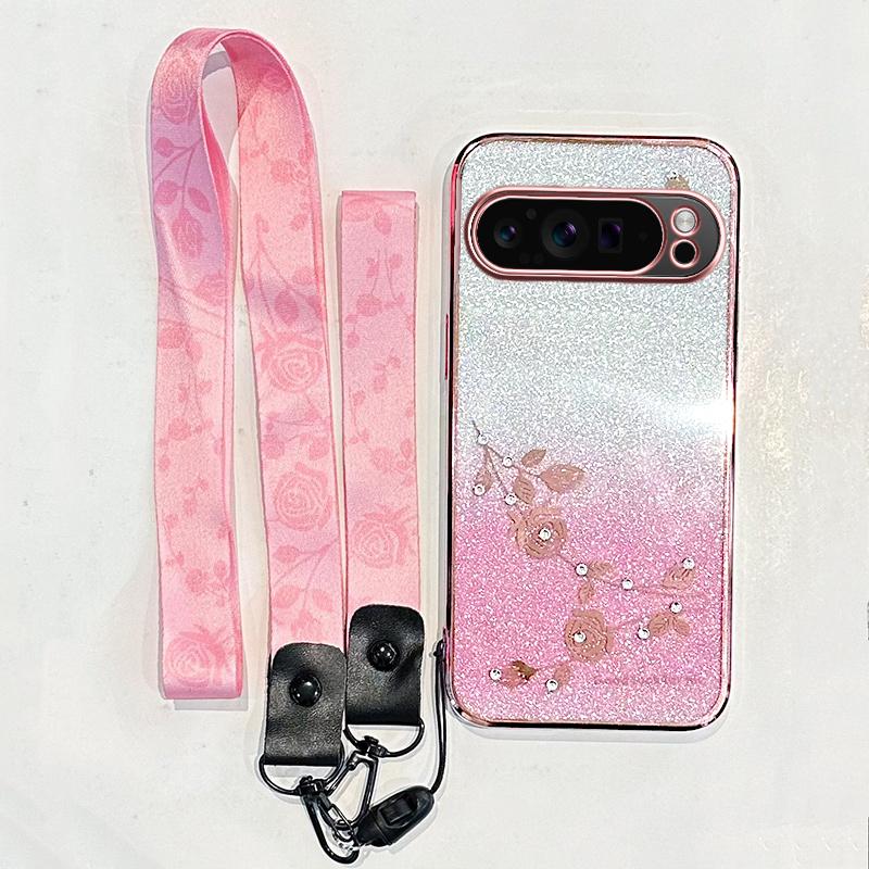 For Google Pixel 9 Pro Pixel 10ProXL 9A glitter gradient phone case 8PRO 8A electroplated rhinestone eternal flower soft shell