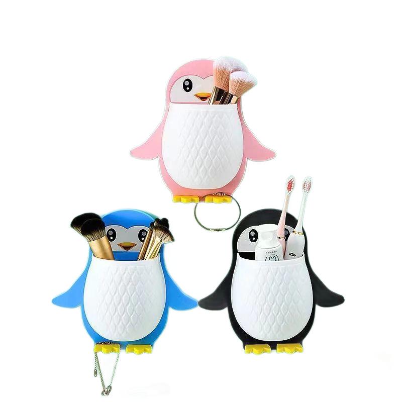 Cartoon Penguin Wall-Mount Organizer: Makeup, Toothbrush, and Phone Storage