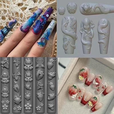 Bunny Strawberry Ocean Octopus 3D Silicone Mold DIY Nail Art Decor Cartoon Rabbit Flower Transparent Mold Manicure Design Tool