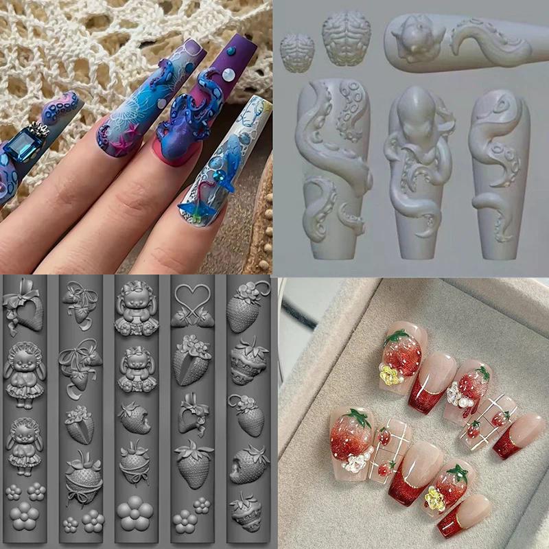 Bunny Strawberry Ocean Octopus 3D Silicone Mold DIY Nail Art Decor Cartoon Rabbit Flower Transparent Mold Manicure Design Tool
