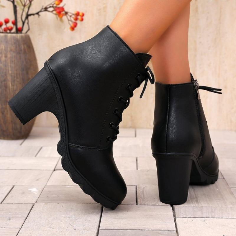 2026 Fashion Short-thigh Boots Autumn New Round Toe Lace-up Side Zipper Platform Anti-slip Wear-resistant High Heels