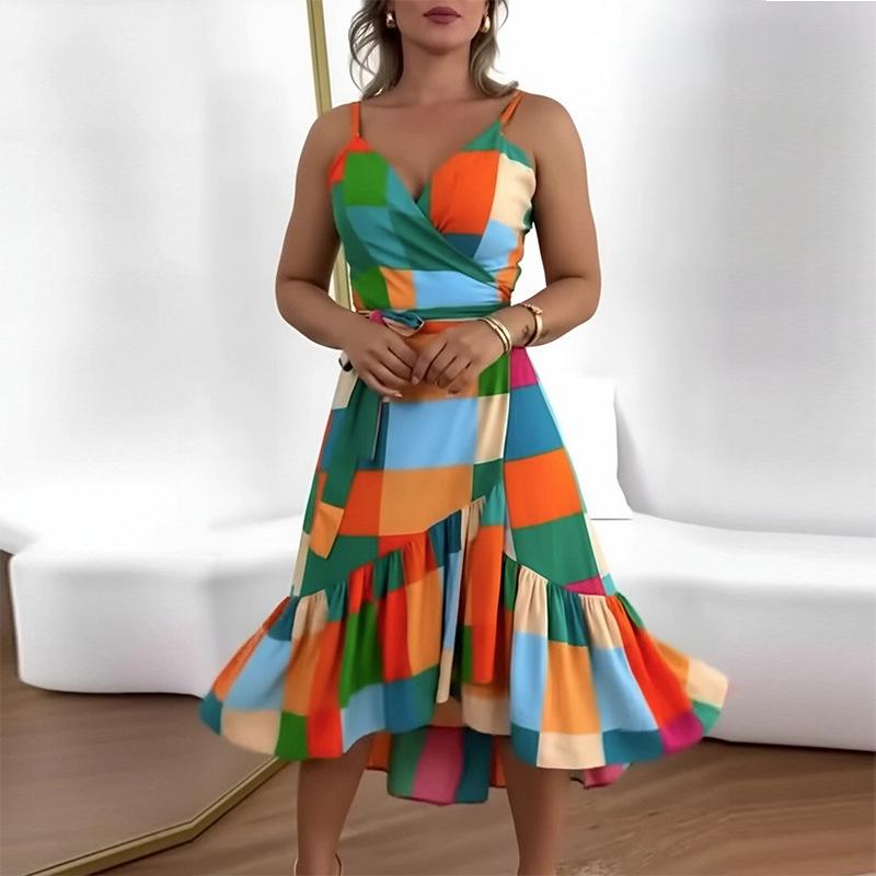 Spring new women s clothing, Europe, America, fashion printed lotus leaf edge casual suspender dress S разноцветный