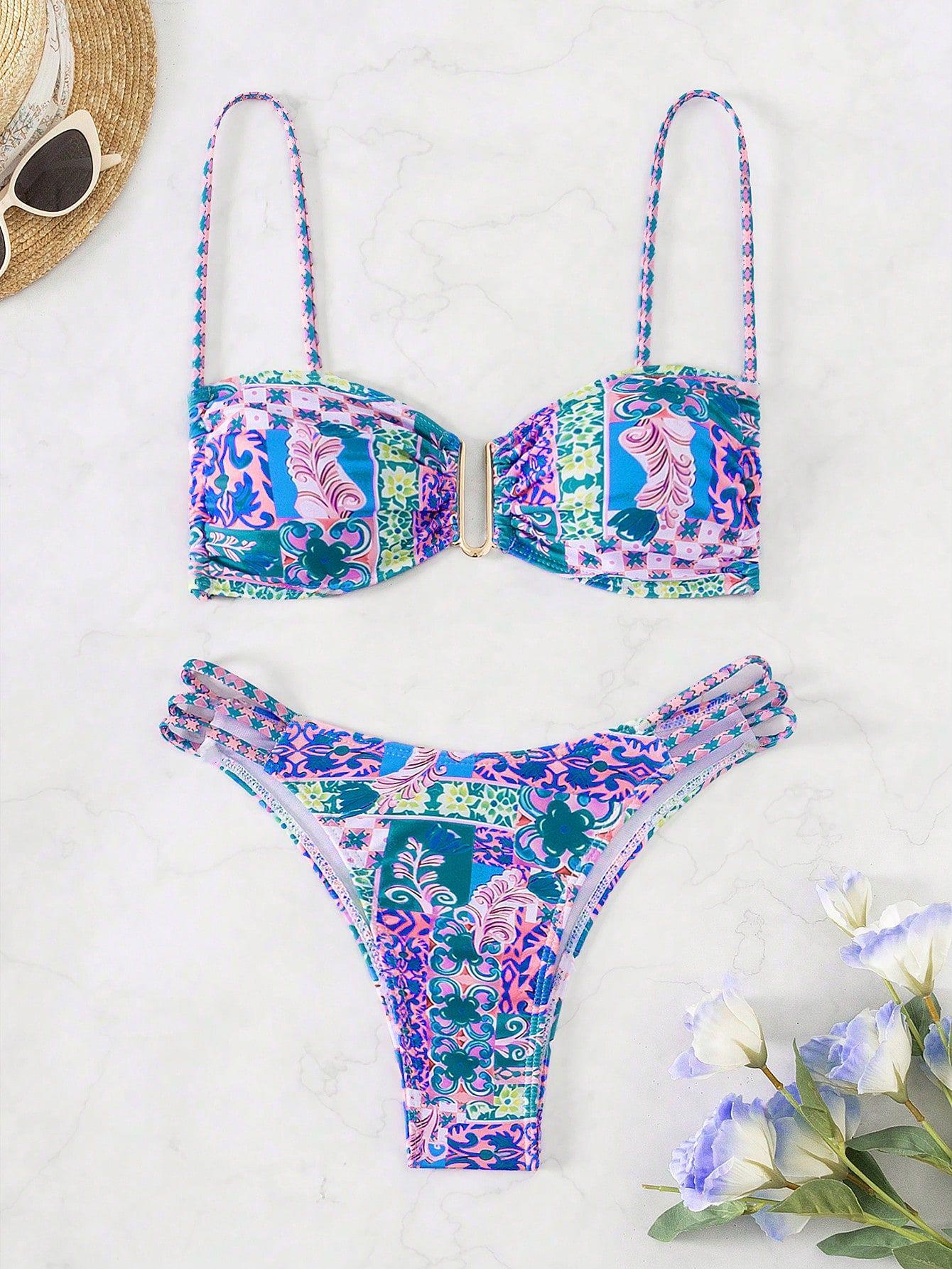 

2024 Купальник бикини бандо с U-образным вырезом и сборчатым принтом - Европейская и американская сексуальная мода, женский купальник L