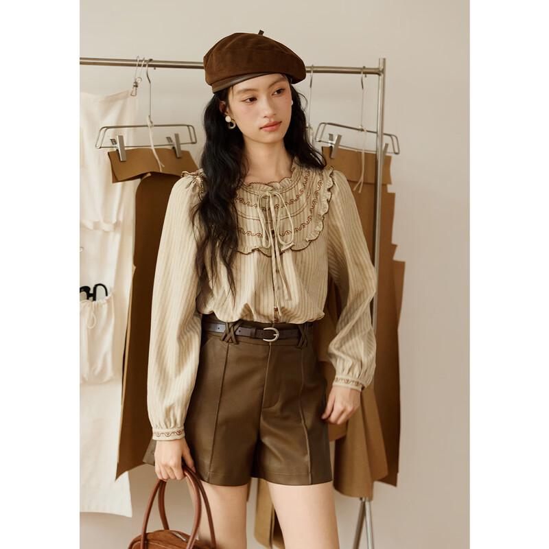 MiXiu Women's Autumn Ruffle Collar Striped Lazy Fit Shirt
