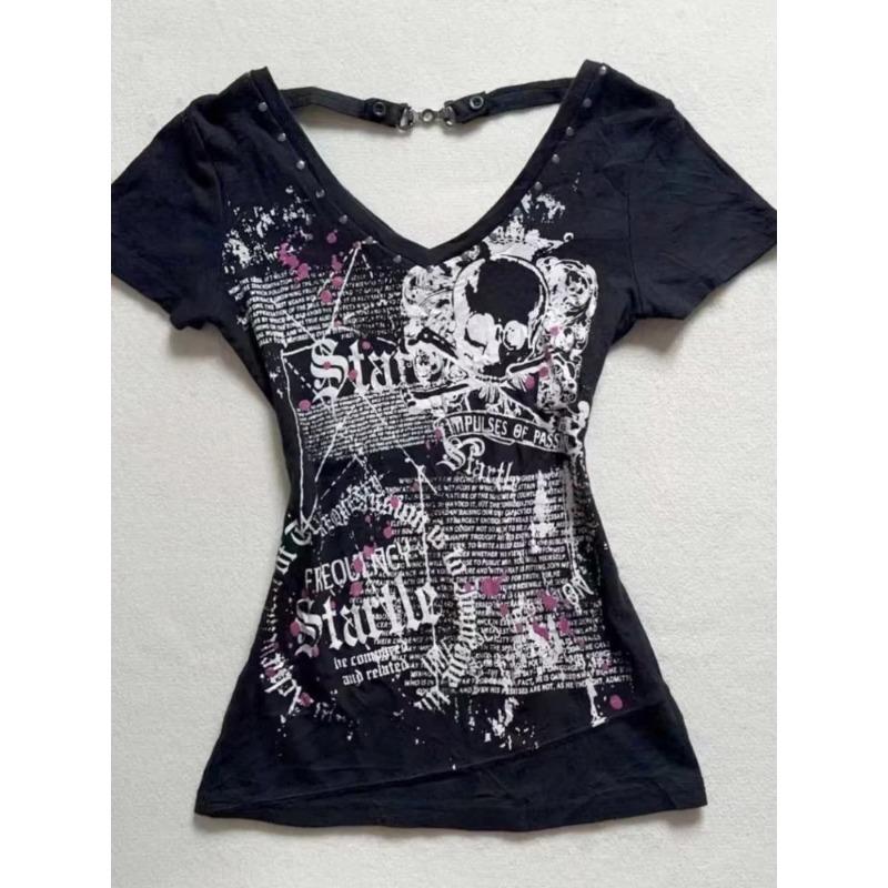 Americké Vintage Tričko Dvě Falešné Části Dámské Streetwear Hip Hop Gotické Harajuku Grunge Y2k Crop Top Černé Lebky Punková Trička
