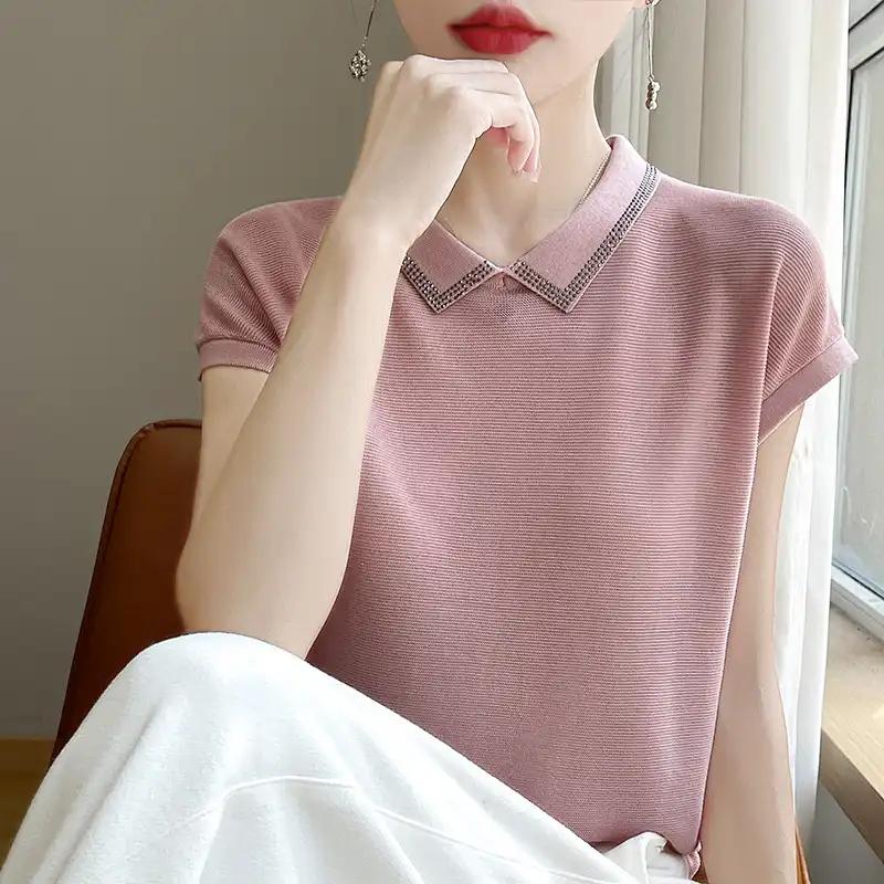 Nuova T-shirt Sottile a Maniche Corte All-Match Primaverile da Donna Nuova Maglietta Base da Donna Top Largo ed Elegante con Collo a Revers