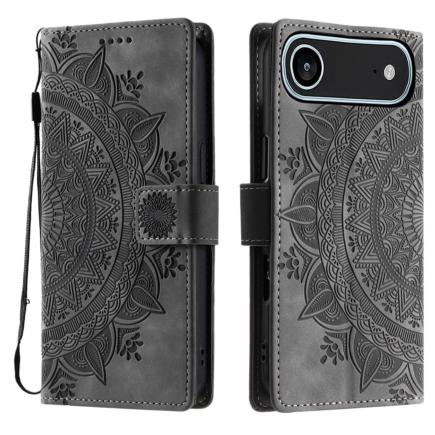 

For iPhone Air Case Imprinted Totem Skin Feel Wallet Leather Phone Cover with Hand Strap