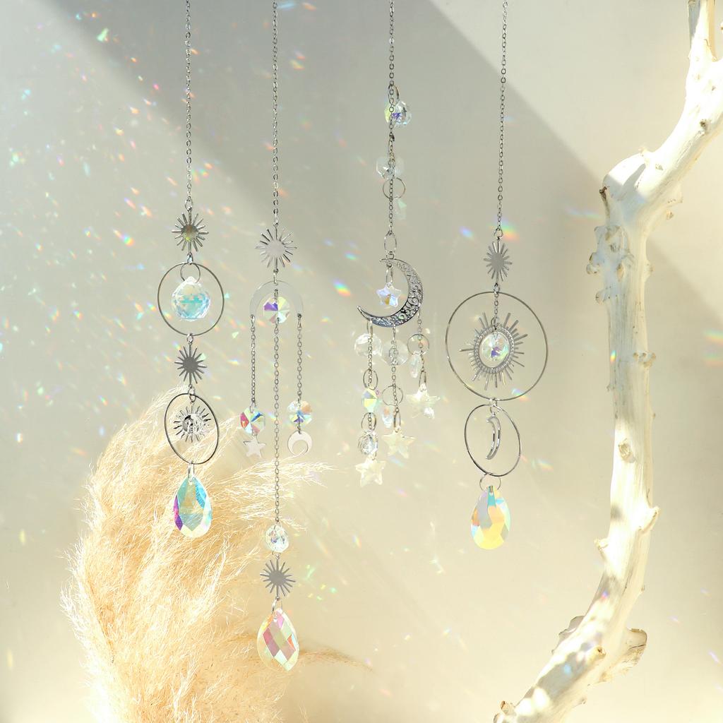 3 /4 pcs Sun Moon Star Crystal Suncatcher Gold & Silver Rainbow Prism Hanging Ornament for Window Home Boho Aesthetic Room Decor