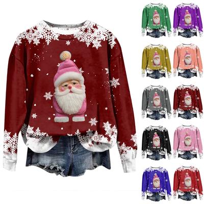 Damenmode, weihnachtlich bedruckt, langärmelig, lockerer Rundhalsausschnitt, Sweatshirt-Oberteil