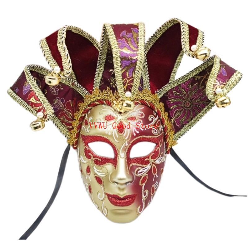Masked Ball Full Face Mask With Bells Vintage Mask for Men Women Halloween Cosplay Masked Ball Proms Parties