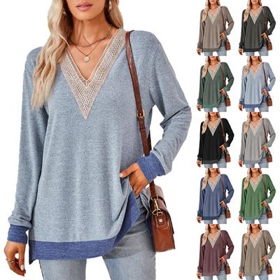Womens Tops Loose V-neck Contrast Color Split Loose Long Sleeve T-shirt Women's Tops