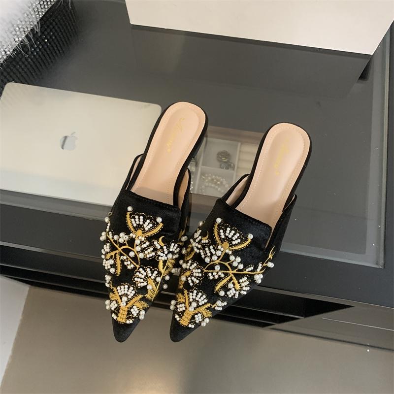 Fashion SUOJIALUN 2024 Autumn New Brand Women Slipper Fashion Pointed Toe Slip On Mules Shoes Soft Flat Heel Outdoor Dress Slides Shoes