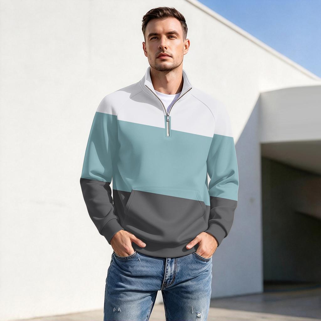 Men's Casual Zip Pullover Top with Stripe Print, Stand Collar, Wrinkle- Fall Winter Athletic Wear