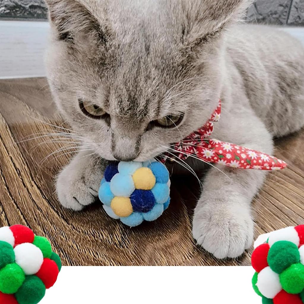 Mirhua Cat Pom-Pom Balls, Pet Toy, 3-Piece Set, Exercise Relief for Kittens and Adult Cats (Green, Blue, and Pink)
