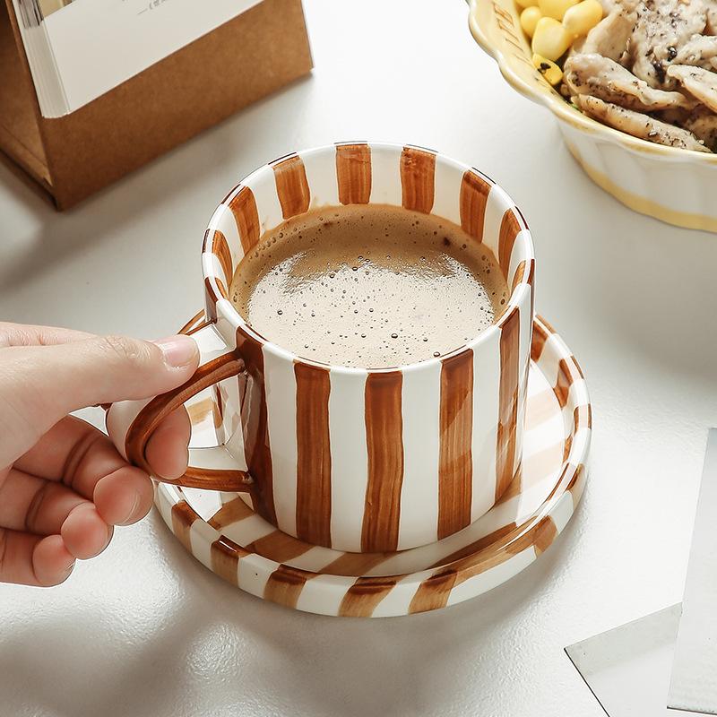 Hand Painted Japanese Household Ceramic Mug Retro Striped Medieval Coffee Cup Breakfast Cup Afternoon Tea Cup Couple Cup