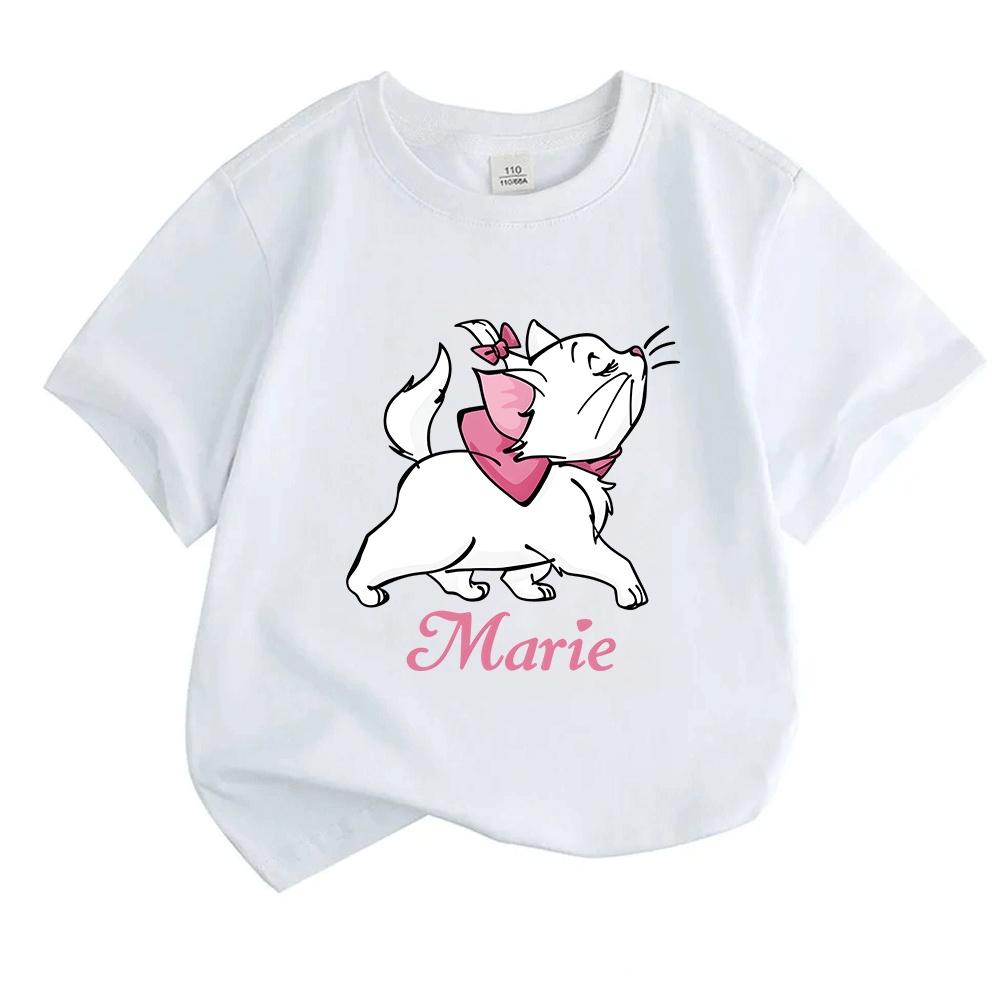 Kids Boys Girls Crew Neck Short Sleeve 100% Cotton T-Shirt, Cute White Cartoon Cat Print Casual Soft Breathable Summer Tee for Daily Wear School Holid