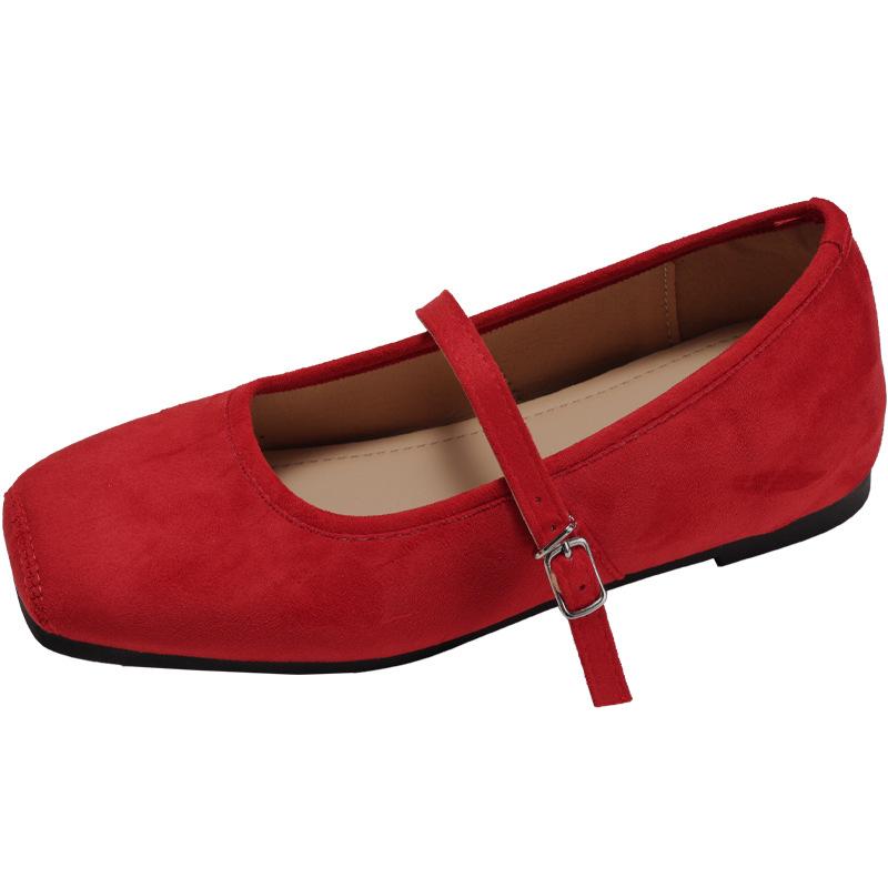 Red retro square head inner height increase shallow mouth flat-soled single shoes women's summer 2025 new skirt soft-soled Mary Jane shoes