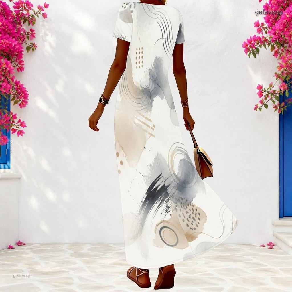 Women Plus Size V Neck Short Sleeve Abstract Printed Long Dress