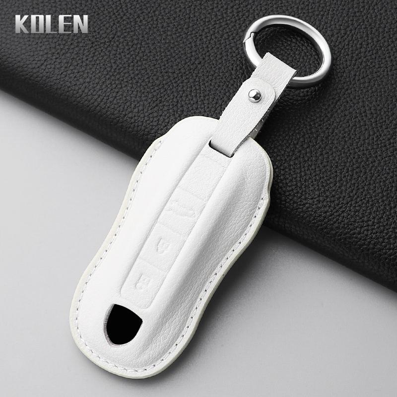 Leather Car Key Case Cover Shell For Porsche Cayenne Panamera 911 992 996 Taycan Macan Boxster 968 987 981 Key Protect Keychain