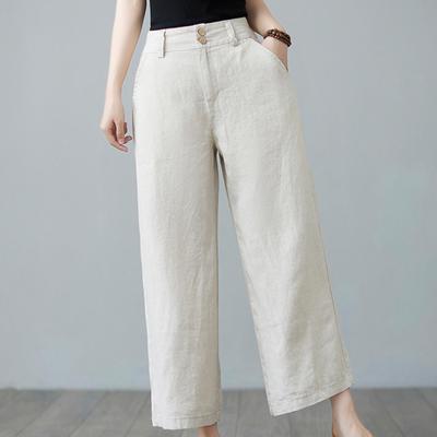 Cotton Linen Wide Leg Pants Vintage Casual Long Trousers Women's Solid Color White Black Elastic High Waisted Pants