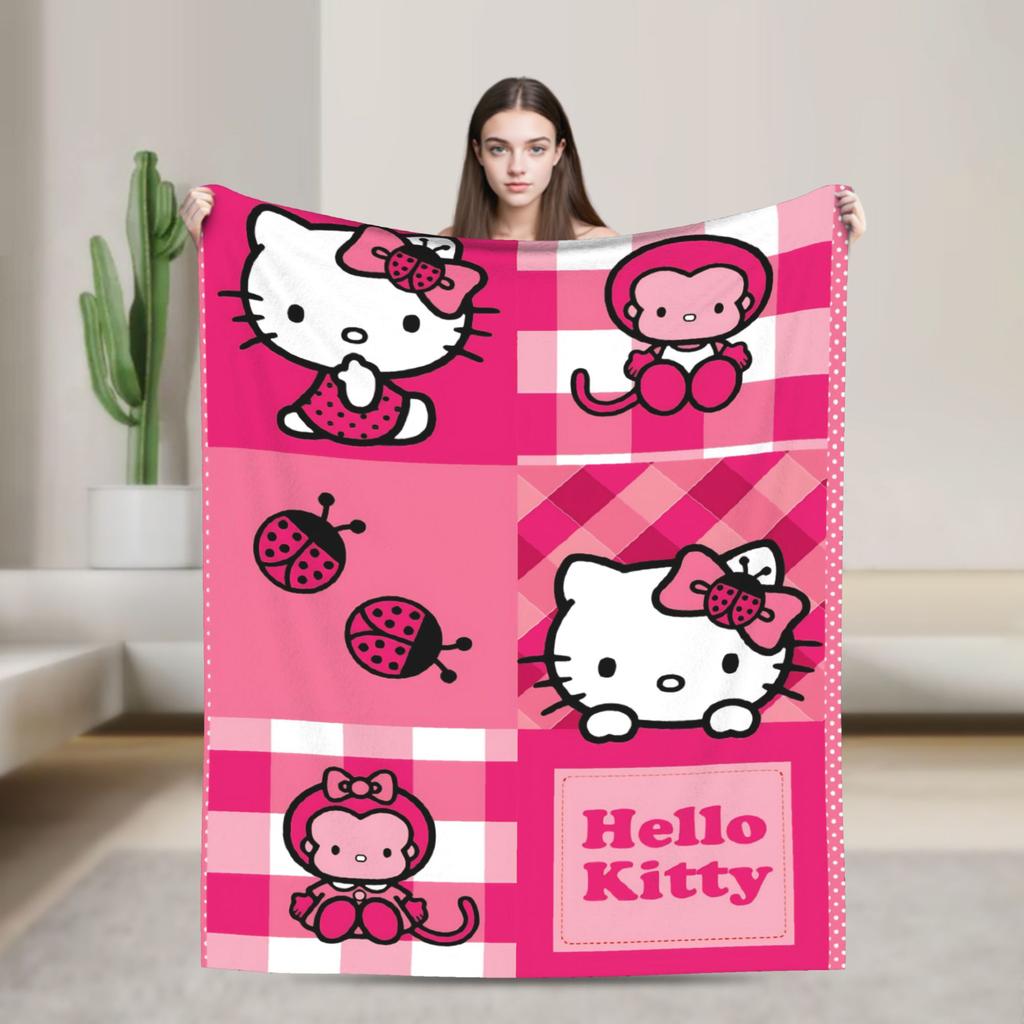 Hello Kitty Pink Plaid Blanket Fleece All Season Multifunction Super Soft Throw Blanket for Home Travel Bedspread
