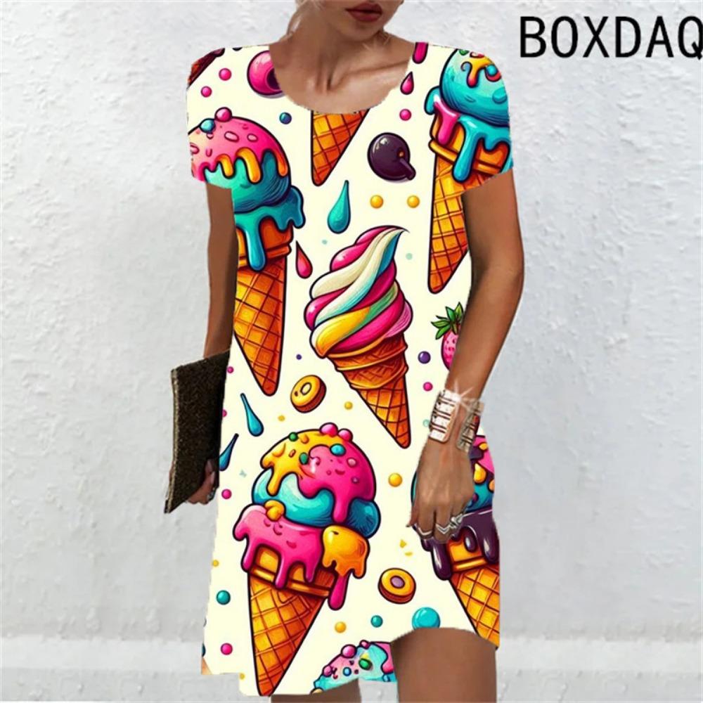 Rochie de damă elegantă și dulce cu imprimeu cu fructe rochie nouă de vară lejeră, lejeră, cu mâneci scurte, cu gât rotund, cu imprimeu 3D