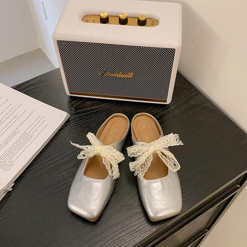 Lace strap bow bag head slippers women's outer wear spring and summer new square head flat soft bottom Mary Jane half drag