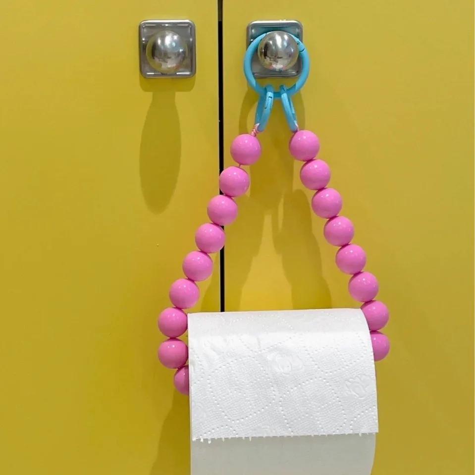 Pink Hanging Beaded Tissue Holder Toilet Paper Holder Phone Chain Multifunctional Decoration Paper Storage Box Home Accessories