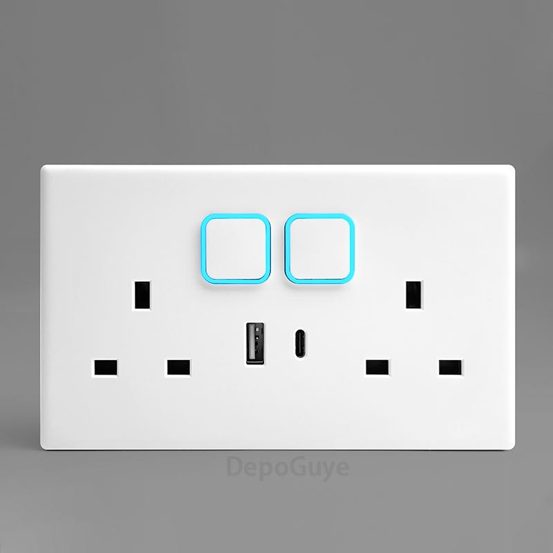 White 1 2 3 4 Gang Button Light Switch Panel Blue LED Indicator,UK Standard Wall Socket Universal Dual 3Pin USB C Power Outlet