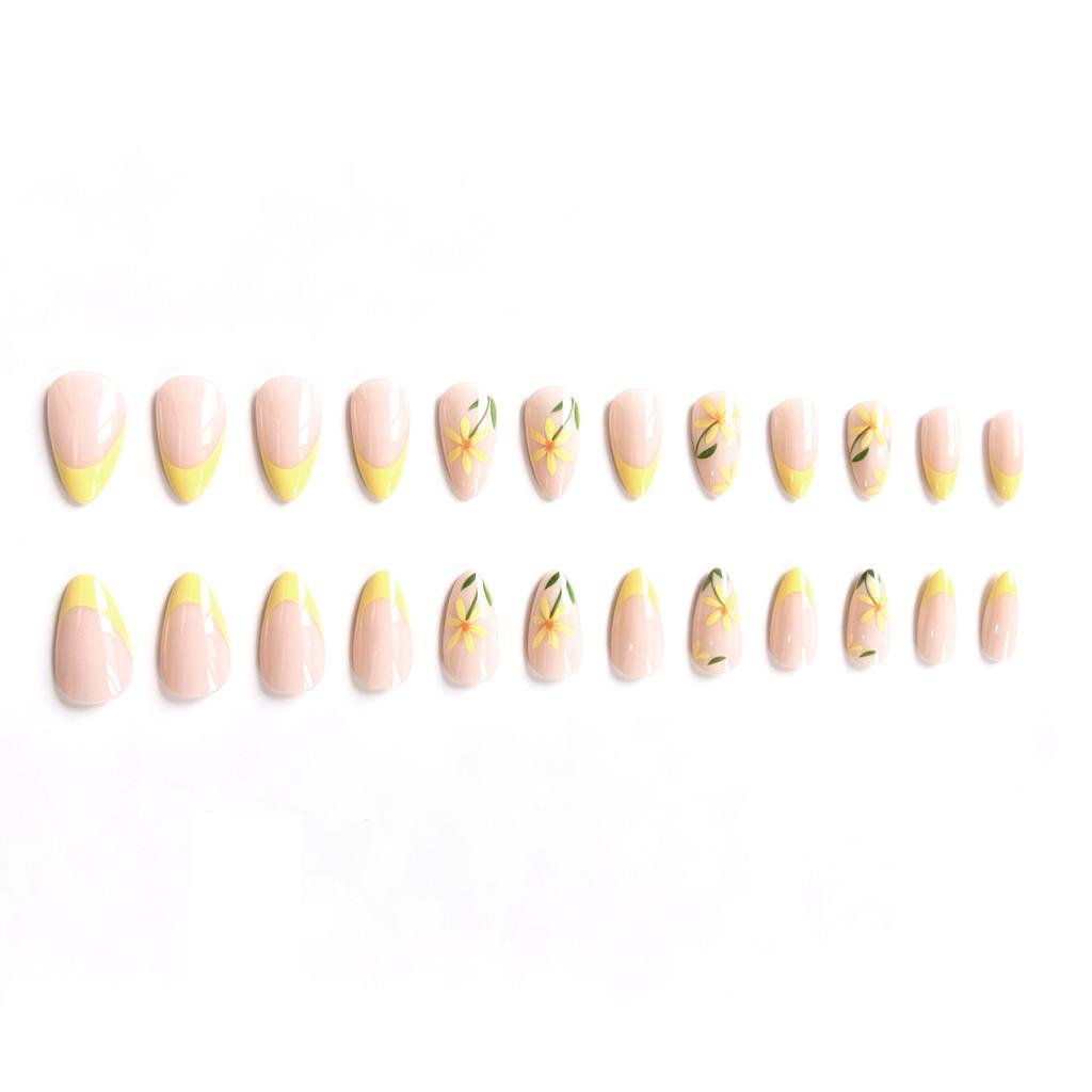 24 Nail Art Summer Fresh Lemon French Small Yellow Flower Short Almond Nail Wear Nail