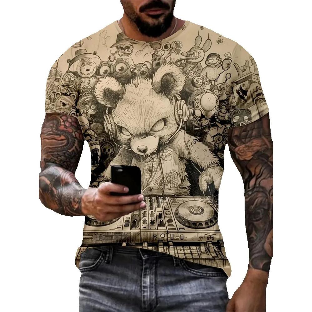 Summer Men Street Casual Clothing Vintage 3D Funny Animal Print Short Sleeve O Neck Oversized