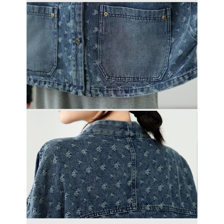 Fashion Jacquard Denim Short Jacket with Multiple Pockets for Women Trendy Outerwear