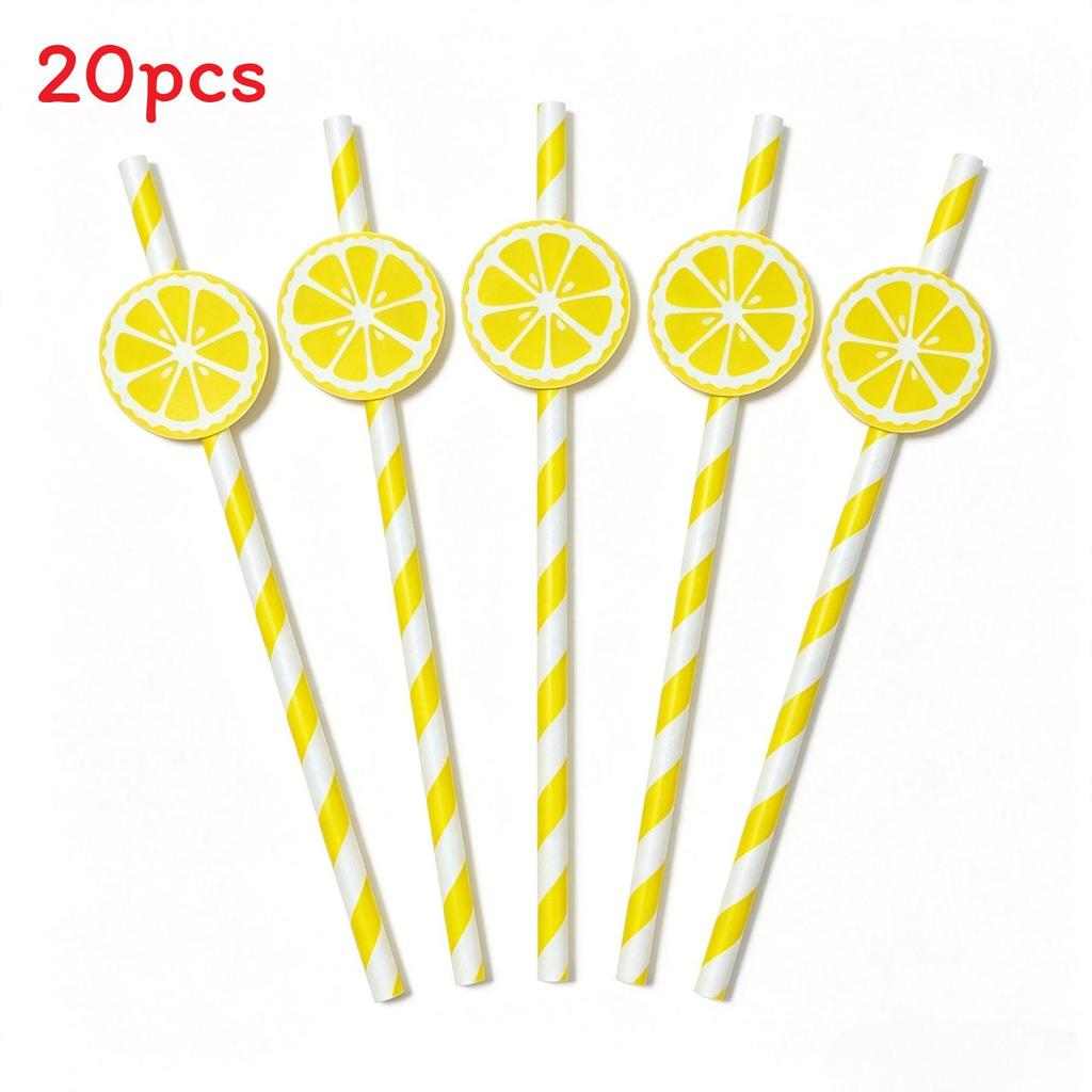 Degradable Paper Straws For Parties With Lemon Pattern For Cake Drinks And Cocktails