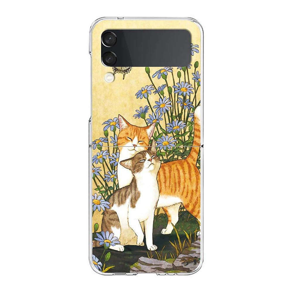Fashion Lovely Cats Clear Phone Case For Samsung Galaxy Z Flip 3 4 5 Hard Folding Shell For Samsung Z Flip3 Transparent Cover