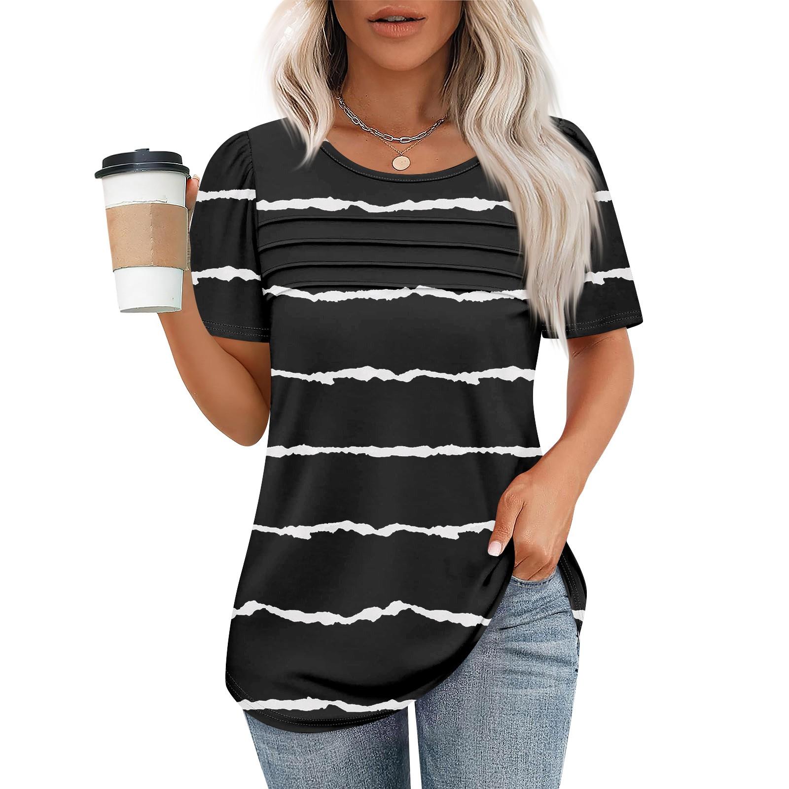 

Футболки для женщин, плиссированные, с круглым вырезом, нарядные, повседневные, блузки с принтом, с коротким рукавом, летние топы, свободный крой L чёрный