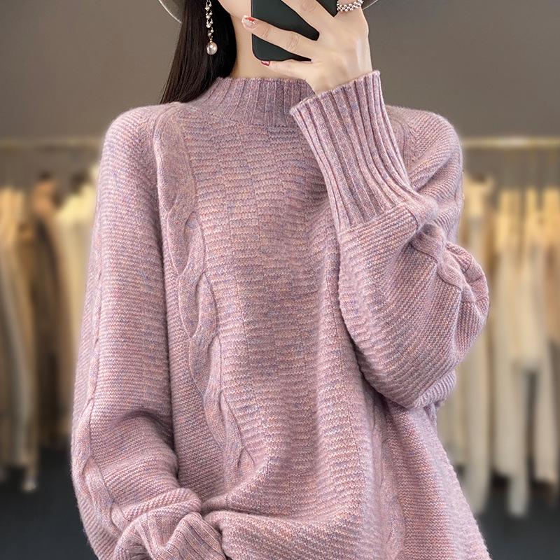 Women's 100% Wool Long Sleeve Half-High Neck Pullover Sweater