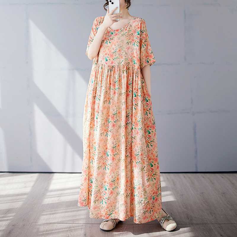 Simple and Fashionable Long Skirt Summer Short Sleeved Round Neck Printed Dress