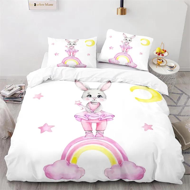 Copripiumino Animali Cartoni Animati Simpatico Set Letto Coniglio Arcobaleno Microfibra Fauna Selvatica Copripiumino Misura Singola Per Bambine Bambini Stanza Kawaii