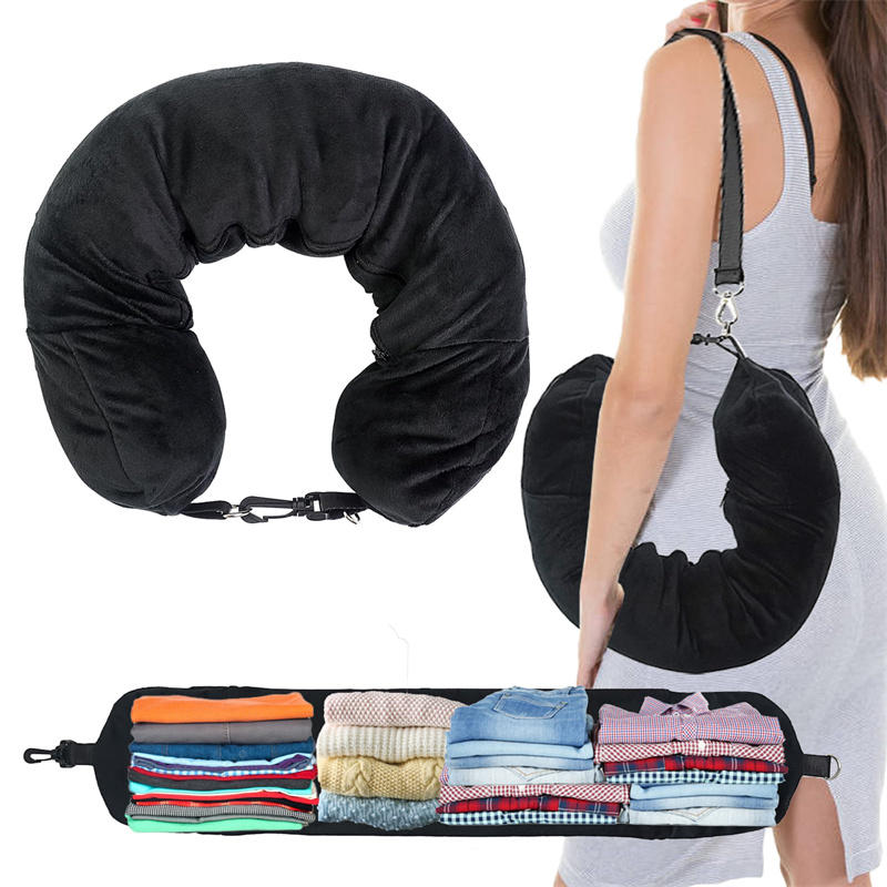 Travel Neck Pillow with Fillable Clothing U-Shaped Pillowcase Extra Storage Bag Velvet Neck Pillow Cover for Airplane Travel Take A Nap