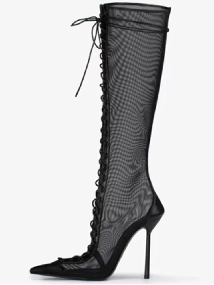 2025 Vår/Sommer Ny Snøring Korte Kule Støvletter Sideglidelås Bankett Slim Fit Høy Hæl Sexy Knelange Damestøvletter